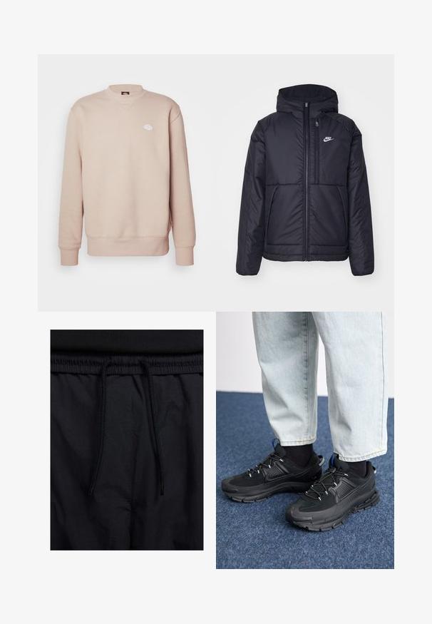 Casaco Nike preto, acolchoado, com fecho à frente e capuz. Apresenta um logo branco no lado esquerdo do peito e dois bolsos frontais. Textura exterior lisa.; Sweatshirt bege feito de mistura de algodão, apresentando um decote redondo, punhos canelados e um pequeno logótipo bordado no peito.; Calções pretos com um cós elástico ajustável, fabricados em tecido leve com uma textura suave e um design simples, sem logótipos ou padrões visíveis.; Sapatilhas desportivas pretas com tecido texturizado e solas em borracha, apresentando atacadores elásticos e um detalhe azul no calcanhar. Usadas com calças de ganga claras.