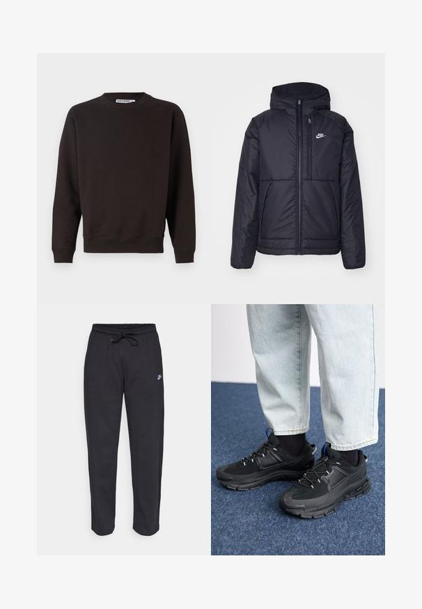 Giacca Nike nera, imbottita, con zip frontale e cappuccio. Presenta un logo bianco sul lato sinistro del petto e doppie tasche frontali. Texture esterna liscia.; Felpa marrone scuro, con scollo rotondo, maniche lunghe, polsini e orlo a costine, texture liscia, senza motivi o grafiche visibili.; Pantaloni della tuta neri realizzati in tessuto morbido con vita elastica, coulisse e un piccolo logo Nike sulla coscia sinistra.; Scarpe sportive nere con tessuto testurizzato e suole in gomma, dotate di lacci elastici e un accento blu sul tallone. Indossate con pantaloni in denim chiaro.