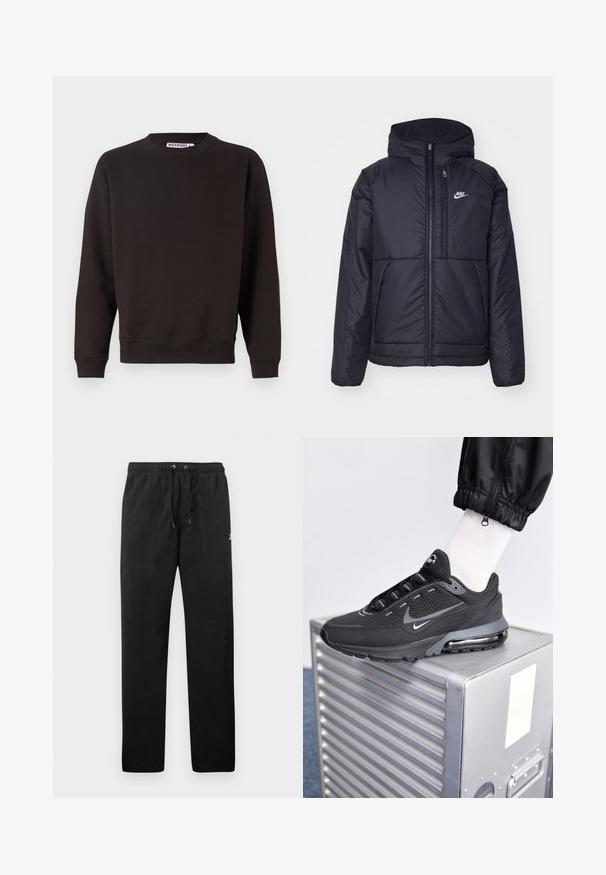 Schwarze, gepolsterte Nike-Jacke mit Frontreißverschluss und Kapuze. Hat ein weißes Logo auf der linken Brust und zwei Fronttaschen. Glattes äußeres Material.; Dunkelbrauner Sweatshirt, Rundhalsausschnitt, lange Ärmel, gerippte Bündchen und Saum, glatte Textur, keine sichtbaren Muster oder Grafiken.; Schwarze Sweatpants aus Fleece, mit einem elastischen Bund mit Kordelzug, zwei Fronttaschen und einem kleinen Logo auf dem Oberschenkel.; Nike Sportswear PULSE - Sneaker low - black/anthracite