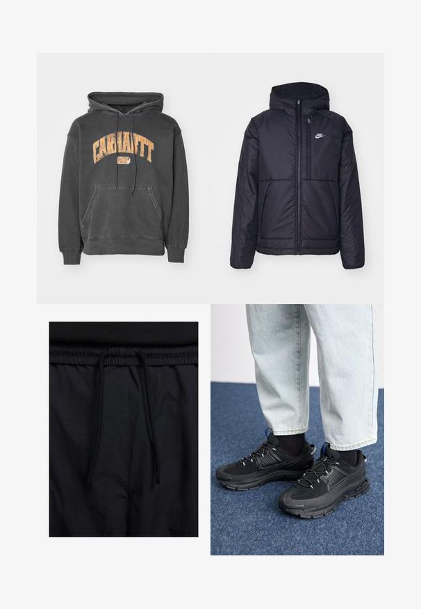 Črna, podložena Nike jakna z sprednjim zadrgo in kapuco. Ima bel logo na levem prsnem delu in dvojna sprednja žepa. Gladka zunanja tekstura.; Temno siva kapuca s kengursko žepom, kapuco s vezico in oranžnim grafičnim logotipom v retro slogu na prsih.; Črne kratke hlače z vrvico v pasu, lahkotna tkanina z gladko teksturo in preprosto zasnovo brez vidnih logotipov ali vzorcev.; Črne športne čevlje z teksturirano tkanino in gumijastimi podplati, ki imajo elastične vezalke ter modre poudarke na peti. Nosi se z lahkimi denim hlačami.