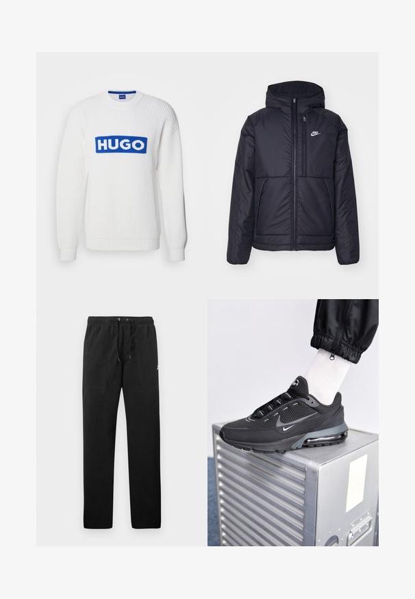 Schwarze, gepolsterte Nike-Jacke mit Frontreißverschluss und Kapuze. Hat ein weißes Logo auf der linken Brust und zwei Fronttaschen. Glattes äußeres Material.; HUGO SEYLO - Strickpullover - white; Schwarze Sweatpants aus Fleece, mit einem elastischen Bund mit Kordelzug, zwei Fronttaschen und einem kleinen Logo auf dem Oberschenkel.; Nike Sportswear PULSE - Sneaker low - black/anthracite