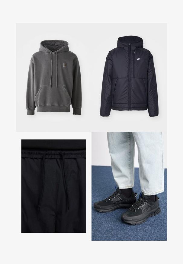 Juodas, paminkštintas Nike džemperis su priekyje užtrauktuku ir gobtuvu. Pasižymi balta logo kairėje krūtinės pusėje ir dviem priekinėmis kišenėmis. Su lygiu išoriniu paviršiumi.; Pilkas gobtuvas sudarytas iš minkštos medžiagos. Jame yra priekinė kengūros tipo kišenė, dryžuoti rankogaliai ir mažas logotipo patch ant krūtinės.; Juodos šortai su raišteliu juosmens srityje, lengva medžiaga su lygiu paviršiumi ir paprastas dizainas be matomų logotipų ar raštų.; Juodi sportiniai bateliai su tekstūruota medžiaga ir guminiais padais, su elastingomis raišteliais ir mėlynu akcentu ant kulno. Dėvimi su šviesiai mėlynomis džinsinėmis kelnėmis.