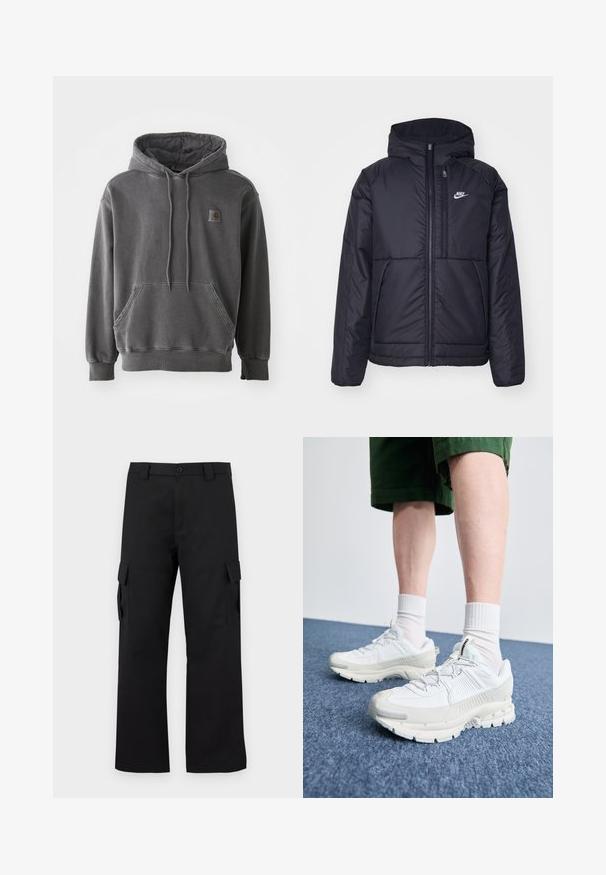 Giacca Nike nera, imbottita, con zip frontale e cappuccio. Presenta un logo bianco sul lato sinistro del petto e doppie tasche frontali. Texture esterna liscia.; Felpa con cappuccio grigia realizzata in tessuto morbido. Presenta una tasca a marsupio frontale, polsi ribattuti e una piccola toppa con logo sul petto.; Pantaloni cargo neri con design a gamba dritta. Realizzati in tessuto resistente, dotati di due tasche laterali con chiusura a pattina e chiusura con bottone.; Scarpe da ginnastica bianche con sovrapposizioni testurizzate, suola spessa e accenti grigi. Indossate con calze corte bianche e pantaloni corti verdi su una superficie blu.