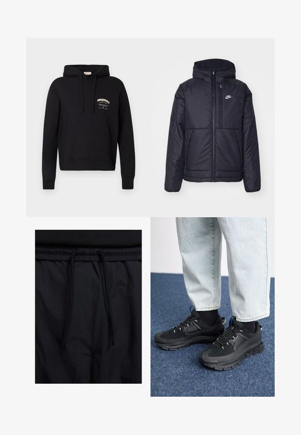 Svart, polstret Nike-jakke med frontglidelås og hette. Har en hvit logo på venstre bryst og doble frontlommer. Glatt ytterside.; Svart hettegenser med lommer foran, snøring på hetta og en hvit merkelogo på brystet. Laget av myk bomull.; Sorte shorts med snor i livet, lett stoff med en jevn tekstur, og et enkelt design uten synlige logoer eller mønstre.; Svarte sportssko med teksturert stoff og gummisåler, med elastiske lisser og en blå detalj på hælen. Brukt med lyse denimbukser.