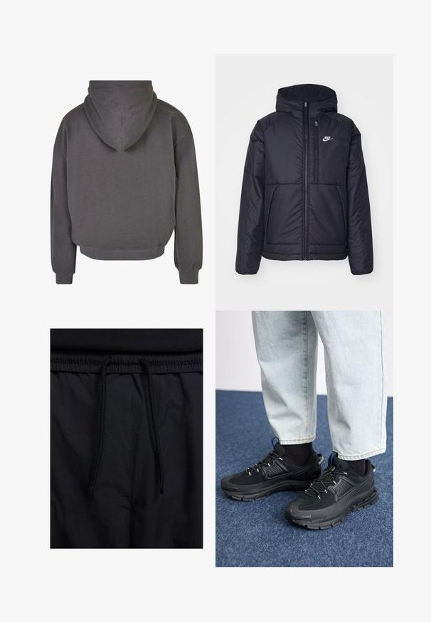 Čierna, polstrovaná bunda Nike so zipsom vpredu a kapucňou. Na ľavej strane hrude sa nachádza biele logo a sú tu dva predné vrecká. Hladký vonkajší povrch.; Sivý skrátený mikina s kapucňou na šnúrku, rebrovanými manžetami a lemom. Mäkka tkanina s čistým, minimalistickým dizajnom.; Čierne šortky s pásom na stiahnutie, z ľahkej látky s hladkou textúrou a jednoduchým dizajnom bez viditeľných log alebo vzorov.; Čierne športové topánky s textúrovanou tkaninou a gumovou podrážkou, so elastickými šnúrkami a modrým akcentom na päte. Nosia sa s svetlými riflami.