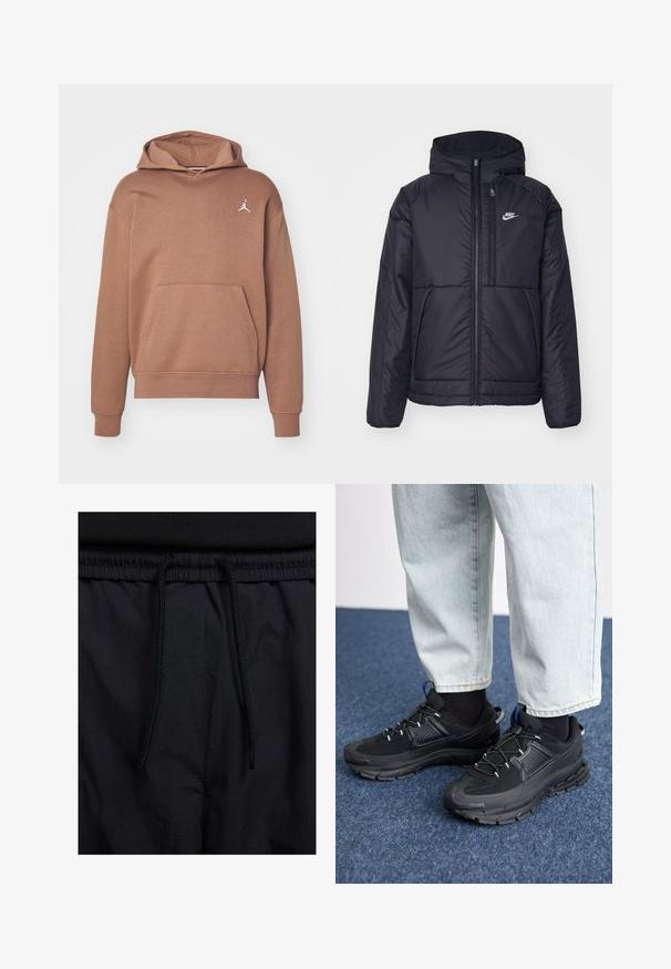 Svart, polstret Nike-jakke med frontglidelås og hette. Har en hvit logo på venstre bryst og doble frontlommer. Glatt ytterside.; Brun hettegenser laget av mykt stoff, med kengurulomme, ribbede mansjetter og en hvit Jumpman-logo på brystet.; Sorte shorts med snor i livet, lett stoff med en jevn tekstur, og et enkelt design uten synlige logoer eller mønstre.; Svarte sportssko med teksturert stoff og gummisåler, med elastiske lisser og en blå detalj på hælen. Brukt med lyse denimbukser.