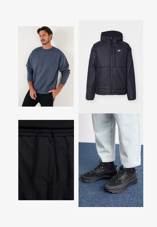 Must musta Nike jope, millel on ees lukuga avamine ja kapuuts. Vasakpoolne rind on kaunistatud valge logoga ning ees on kaks taskut. Sile välimine tekstuur.; Sinine puuvillane kättevõtt ja ümar kaelus, langevad õlad ning soonikseotud mansetid. Alumisel küljel on väike silt. Pehme tekstuur.; Mustad lühikesed püksid, millel on paelaga vöökoht, kerge kangas, mis on sileda tekstuuriga ning lihtne disain ilma nähtavate logode või mustriteta.; Mustad mustad jooksukingad, millel on tekstureeritud kangas ja kummist tallad, elastsed nöörid ning sinine aksent kandadel. Kandmine heledate teksadega.