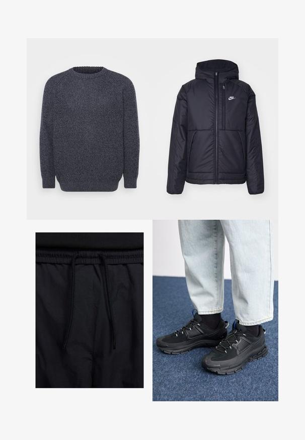 Black, padded Nike jacket with a front zipper and hood. Features a white logo on the left chest and dual front pockets. Smooth exterior texture.; Jack & Jones JJJONES CREW NECK - Jumper - asphalt/black; Black shorts featuring a drawstring waistband, lightweight fabric with a smooth texture, and a simple design without visible logos or patterns.; Black athletic shoes with textured fabric and rubber soles, featuring elastic laces and a blue accent on the heel. Worn with light denim pants.