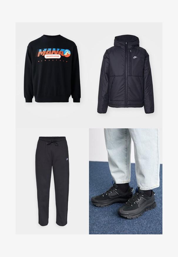 Giacca Nike nera, imbottita, con zip frontale e cappuccio. Presenta un logo bianco sul lato sinistro del petto e doppie tasche frontali. Texture esterna liscia.; Felpa nera con logo "MANASTASH SPORTSWEAR" blu e arancione e figura stilizzata di un corridore sul petto.; Pantaloni della tuta neri realizzati in tessuto morbido con vita elastica, coulisse e un piccolo logo Nike sulla coscia sinistra.; Scarpe sportive nere con tessuto testurizzato e suole in gomma, dotate di lacci elastici e un accento blu sul tallone. Indossate con pantaloni in denim chiaro.