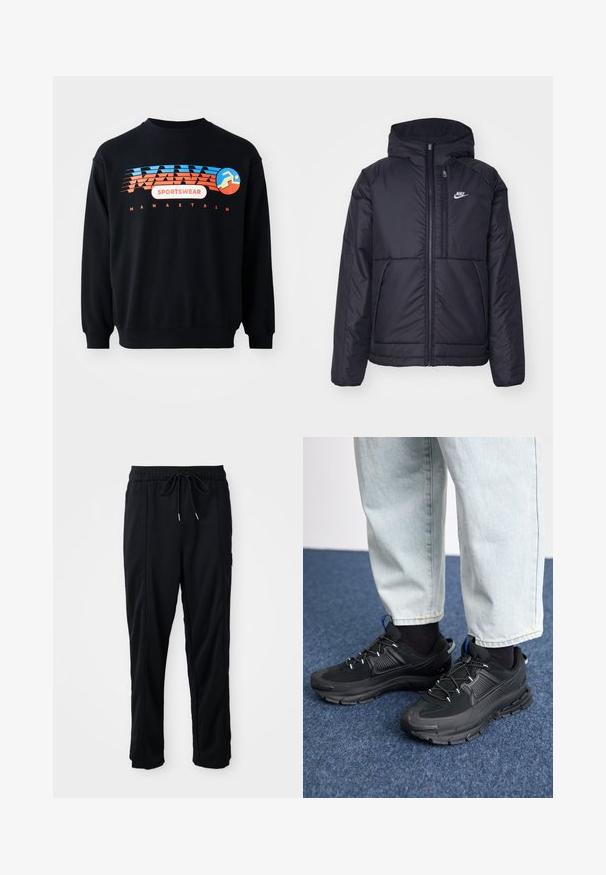 Svart, vadderad Nike-jacka med dragkedja framtill och huva. Har en vit logotyp på vänster bröst och dubbla framfickor. Slät yttextur.; Svart sweatshirt med blå och orange "MANASTASH SPORTSWEAR"-logotyp och en stiliserad löpande figur på bröstet.; Svarta byxor med dragsko i midjan, avslappnad stil, med sidfickor och rak benklippning på en plain bakgrund.; Svarta sportskor med texturerat tyg och gummisulor, med elastiska snörningar och en blå detalj på hälen. Bärs med ljusa jeans.
