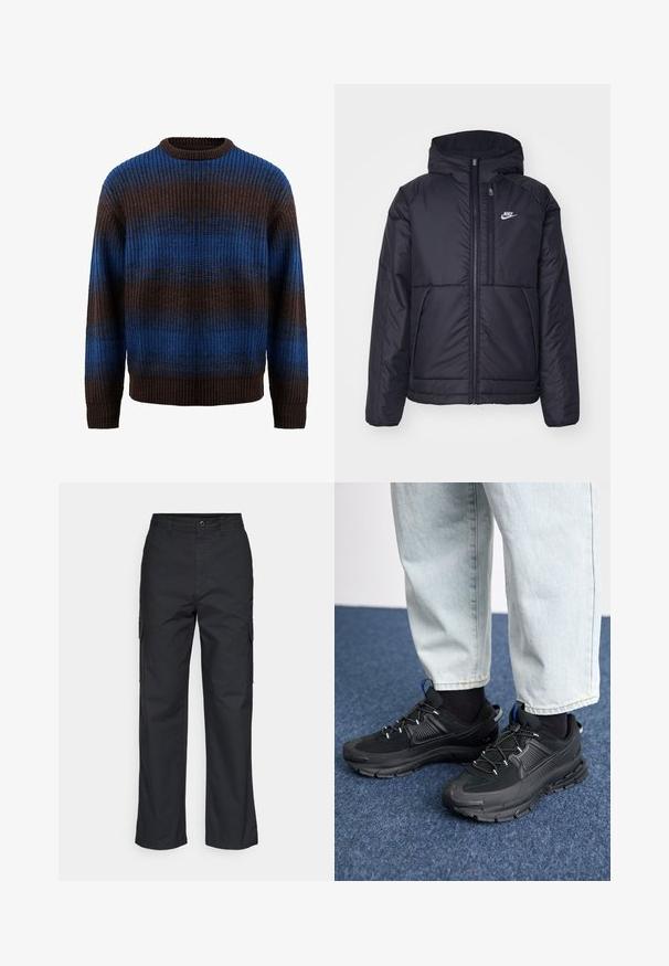 Giacca Nike nera, imbottita, con zip frontale e cappuccio. Presenta un logo bianco sul lato sinistro del petto e doppie tasche frontali. Texture esterna liscia.; Maglione lavorato a maglia marrone e blu con una texture a coste, dotato di righe orizzontali e scollatura a girocollo. Maniche lunghe con polsini a coste.; Pantaloni cargo neri con un design a gamba dritta, dotati di tasche laterali e un tessuto testurizzato. Chiusura con bottone in vita per una vestibilità sicura.; Scarpe sportive nere con tessuto testurizzato e suole in gomma, dotate di lacci elastici e un accento blu sul tallone. Indossate con pantaloni in denim chiaro.