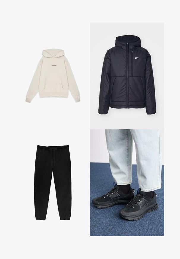 Črna, podložena Nike jakna z sprednjim zadrgo in kapuco. Ima bel logo na levem prsnem delu in dvojna sprednja žepa. Gladka zunanja tekstura.; Pegador FENTON OVERSIZED HOODIE - Pulover s kapuco - washed dust cream; Črne hlače z elastičnim pasom in vrvico, ožji nogi, stranskimi žepi in subtilnimi detajli šivanja na straneh. Mehka bombažna tekstura tkanine.; Črne športne čevlje z teksturirano tkanino in gumijastimi podplati, ki imajo elastične vezalke ter modre poudarke na peti. Nosi se z lahkimi denim hlačami.