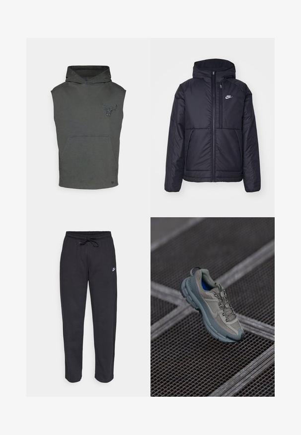 Fekete, párnázott Nike dzseki elülső cipzárral és kapucnival. A bal mellen fehér logó található, valamint két elülső zseb. Simának tűnő külső felület.; Szürke ujjatlan kapucnis hoodie, elülső zsebbel, a mellkason textúrált bika grafika található, valamint húzózsinórral ellátott kapucni.; Fekete, puha anyagból készült melegítőnadrág, rugalmas derékkal, húzózsinórral és egy kis Nike logóval a bal combján.; Beige és szürke sportcipő, texturált hálós felsőrésszel, kerek orral és gumitalppal, fűzőkkel és párnázott bokával.