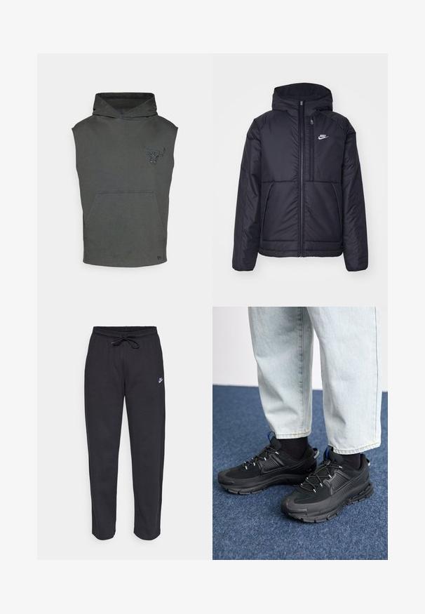 Casaco Nike preto, acolchoado, com fecho à frente e capuz. Apresenta um logo branco no lado esquerdo do peito e dois bolsos frontais. Textura exterior lisa.; Esterna cinza sem mangas com um bolso frontal, apresentando um gráfico texturizado de um touro no peito e um capuz com cordão.; Calças de treino pretas feitas de tecido suave, com faixa elástica na cintura, cordão regulador e um pequeno logótipo da Nike na coxa esquerda.; Sapatilhas desportivas pretas com tecido texturizado e solas em borracha, apresentando atacadores elásticos e um detalhe azul no calcanhar. Usadas com calças de ganga claras.