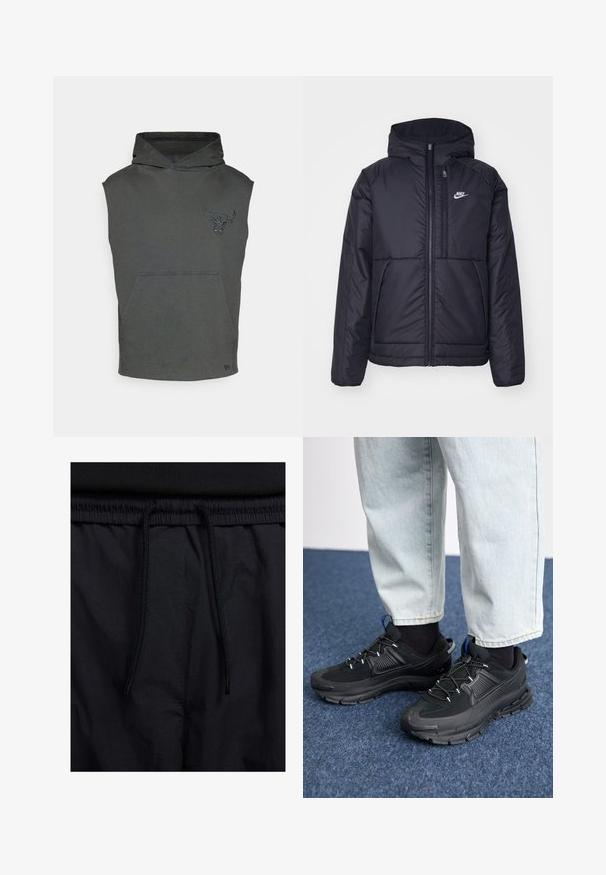Černá zateplená bunda Nike s předním zipem a kapucí. Na levé straně hrudi má bílé logo a dvojité přední kapsy. Hladký povrch.; Šedá bezrukávová mikina s kapucí a přední kapsou, zdobená texturovanou grafikou býka na hrudi a stahovací kapucí.; Černé šortky s páskem na šňůrku, lehký materiál s hladkou texturou a jednoduchý design bez viditelných log nebo vzorů.; Černé sportovní boty s texturovanou tkaninou a gumovou podrážkou, s elastickými tkaničkami a modrým akcentem na patě. Nosí se s světlými džíny.