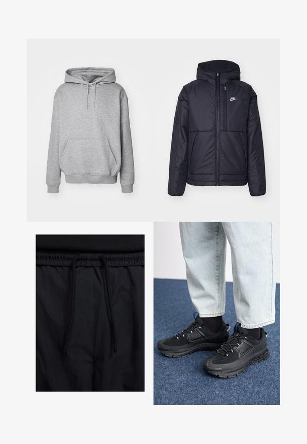 Musta, pehmustettu Nike-takki, jossa on etuvetoketju ja huppu. Vasemmassa rinnassa on valkoinen logo ja takissa on kaksinkertaiset etutaskut. Pintakoe on sileä.; Huppari harmaa pehmeästä puuvillasekoitteesta, jossa on suuri etutasku, säädettävät nauhat sekä ribbaatut hihakkeet ja helma.; Mustat shortsit, joissa on naru vyötäröllä, kevyestä kankaasta valmistettu, sileä tekstuuri ja yksinkertainen muotoilu ilman näkyviä logoja tai kuvioita.; Mustat urheilukengät, joissa on teksturoitu kangas ja kumipohjat, elastiset nauhat ja sininen yksityiskohta kannassa. Yhdistetty vaaleisiin farkkuihin.