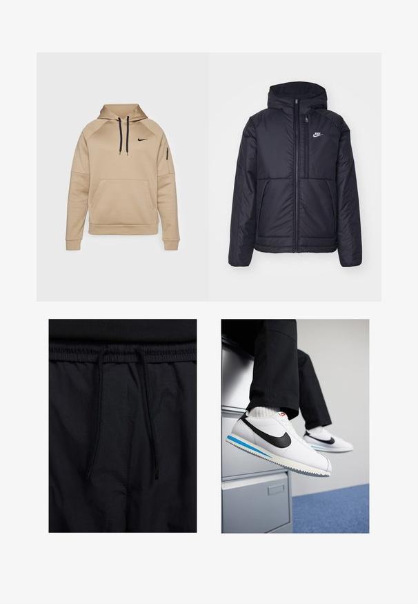 Schwarze, gepolsterte Nike-Jacke mit Frontreißverschluss und Kapuze. Hat ein weißes Logo auf der linken Brust und zwei Fronttaschen. Glattes äußeres Material.; Nike Performance Kapuzenpullover - khaki/black; Schwarze Shorts mit einem Kordelzugbund, leichtem Stoff mit glatter Textur und einem schlichten Design ohne sichtbare Logos oder Muster.; Weisse Ledersneaker mit schwarzem Nike-Swoosh, hellblauem und grauem Gummisohle sowie klassischem Schnürdesign. Füße ruhen auf einem Aktenschrank.