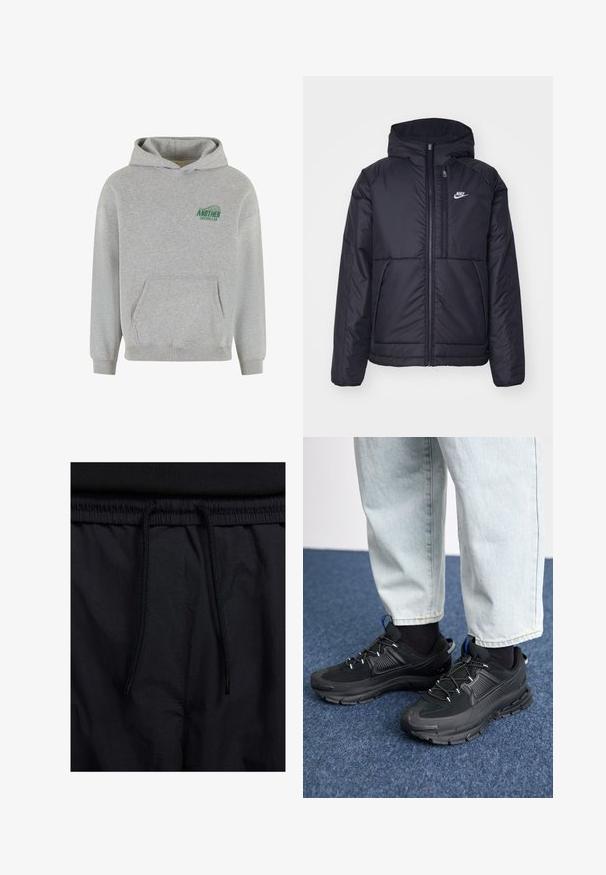 Fekete, párnázott Nike dzseki elülső cipzárral és kapucnival. A bal mellen fehér logó található, valamint két elülső zseb. Simának tűnő külső felület.; Szürke pamut kapucnis pulóver, elülső kenguruzsebbel, bordázott mandzsettával és alsó résszel, valamint zöld "ANOTHER COTTON LAB" logóval a bal mellen.; Fekete rövidnadrág, húzózsinórral ellátott derékrésszel, könnyű anyagból, sima felszínen, egyszerű dizájnnal, látható logók vagy minták nélkül.; Fekete sportcipők texturált anyaggal és gumitalppal, elasztikus fűzőkkel és kék kiegészítővel a saroknál. Világos farmernadrággal viselve.