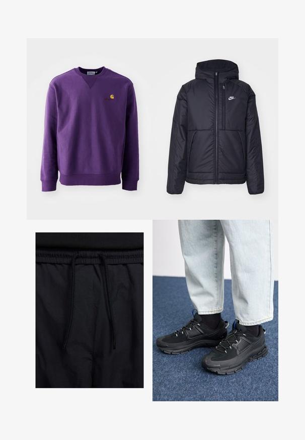Giacca Nike nera, imbottita, con zip frontale e cappuccio. Presenta un logo bianco sul lato sinistro del petto e doppie tasche frontali. Texture esterna liscia.; Il maglione a girocollo viola presenta una texture morbida, polsini a coste e un piccolo logo ricamato in giallo e bordeaux sul petto.; Shorts neri con vita regolabile tramite coulisse, tessuto leggero con una texture liscia e un design semplice senza loghi o motivi visibili.; Scarpe sportive nere con tessuto testurizzato e suole in gomma, dotate di lacci elastici e un accento blu sul tallone. Indossate con pantaloni in denim chiaro.