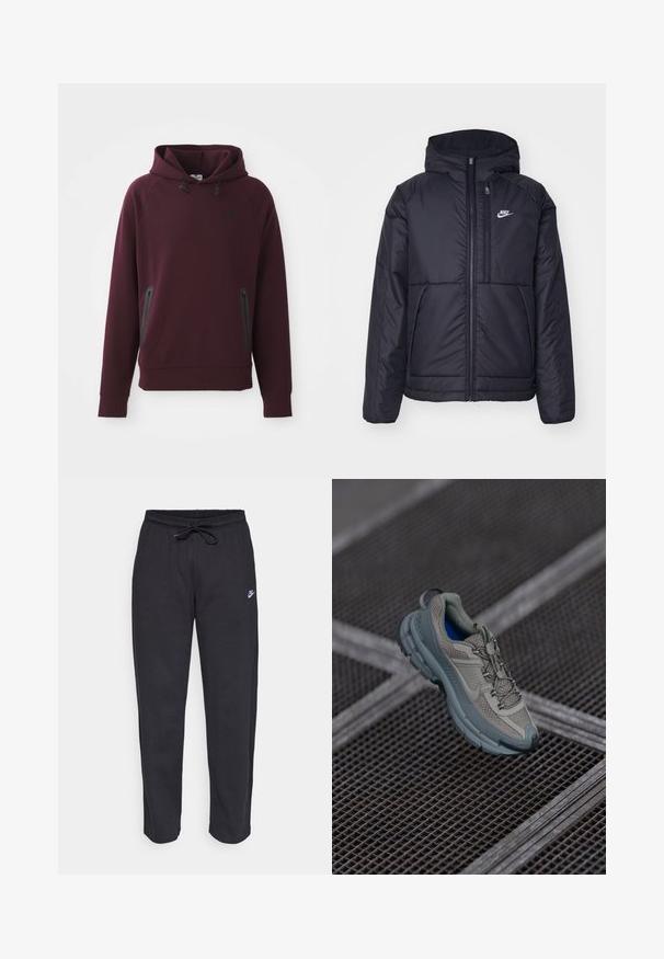 Čierna, polstrovaná bunda Nike so zipsom vpredu a kapucňou. Na ľavej strane hrude sa nachádza biele logo a sú tu dva predné vrecká. Hladký vonkajší povrch.; Bordový mikina s kapucňou vyrobená z jemnej tkaniny má kengurskú kapsu so bočnými zipsami a čierne akcenty. Hlavový a rukávový lem sú rebrované.; Čierne tepláky vyrobené z mäkkej tkaniny s elastickým pásom, sťahovacou šnúrkou a malým logom Nike na ľavom stehne.; Béžová a šedá športová obuv s textúrovaným sieťovaným zvrškom, okrúhlou špičkou a gumovou podrážkou, vybavená šnúrkami a polstrovaným golierom.