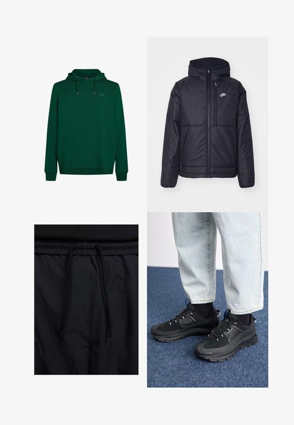 Musta, pehmustettu Nike-takki, jossa on etuvetoketju ja huppu. Vasemmassa rinnassa on valkoinen logo ja takissa on kaksinkertaiset etutaskut. Pintakoe on sileä.; Vihreä huppari, joka on valmistettu pehmeästä kankaasta ja jossa on etupuolella kengurupocket, säädettävä naru-huppu sekä ribbikantit hihansuissa ja helmoissa. Huomaamaton logo yksityiskohta rinnassa.; Mustat shortsit, joissa on naru vyötäröllä, kevyestä kankaasta valmistettu, sileä tekstuuri ja yksinkertainen muotoilu ilman näkyviä logoja tai kuvioita.; Mustat urheilukengät, joissa on teksturoitu kangas ja kumipohjat, elastiset nauhat ja sininen yksityiskohta kannassa. Yhdistetty vaaleisiin farkkuihin.