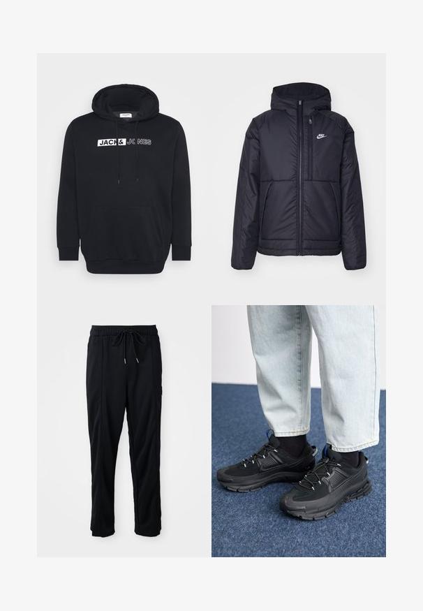 Schwarze, gepolsterte Nike-Jacke mit Frontreißverschluss und Kapuze. Hat ein weißes Logo auf der linken Brust und zwei Fronttaschen. Glattes äußeres Material.; Schwarzer Hoodie aus Baumwollmischung, mit einer großen Fronttasche, Kordelzugkapuze und weißem Markenlogo auf der Brust.; Schwarze lässige Hosen mit Kordelzug und seitlichen Eingrifftaschen sowie geradem Bein auf einem einfarbigen Hintergrund.; Schwarze Sportschuhe aus strukturiertem Stoff mit Gummisohlen, ausgestattet mit elastischen Schnürsenkeln und einem blauen Akzent an der Ferse. Getragen mit hellen Jeans.