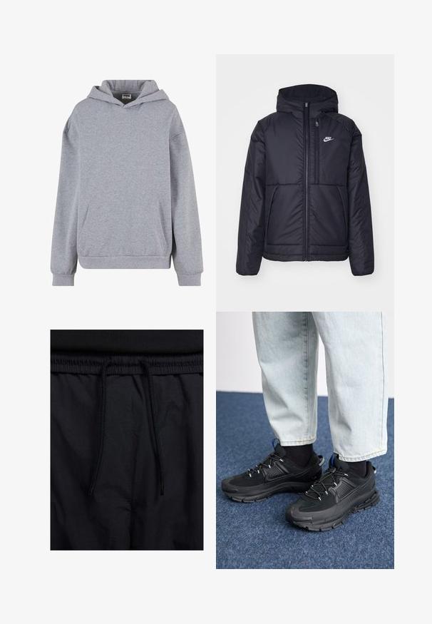Crna Nike jakna s podstavom, dugmadi sprijeda i kapuljačom. Ima bijeli logotip na lijevoj strani prsnog koša i dva prednja džepa. Glatka vanjska tekstura.; Sivi dukserica s kapuljačom. Napravljena od mekanog materijala, ima prednji džep, rebraste manžete i donji deo. Jednostavan dizajn bez dodatnih uzoraka ili detalja.; Crne kratke hlače s pojasom na vezanje, lagani materijal s glatkom teksturom i jednostavan dizajn bez vidljivih logotipa ili uzoraka.; Crne atletske cipele s teksturiranom tkaninom i gumene potplate, s elastičnim vezicama i plavim akcentom na peti. Nosene su s svijetlim trapericama.