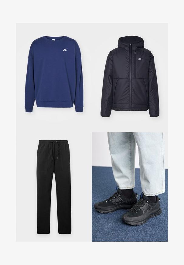 Casaco Nike preto, acolchoado, com fecho à frente e capuz. Apresenta um logo branco no lado esquerdo do peito e dois bolsos frontais. Textura exterior lisa.; Sweatshirt azul marinho feito de um tecido macio, com gola redonda, mangas compridas e um pequeno logótipo branco da Nike no peito.; Calças de fato de treino pretas feitas de polar, com uma cintura elástica e cordões, dois bolsos frontais e um pequeno logótipo na coxa.; Sapatilhas desportivas pretas com tecido texturizado e solas em borracha, apresentando atacadores elásticos e um detalhe azul no calcanhar. Usadas com calças de ganga claras.