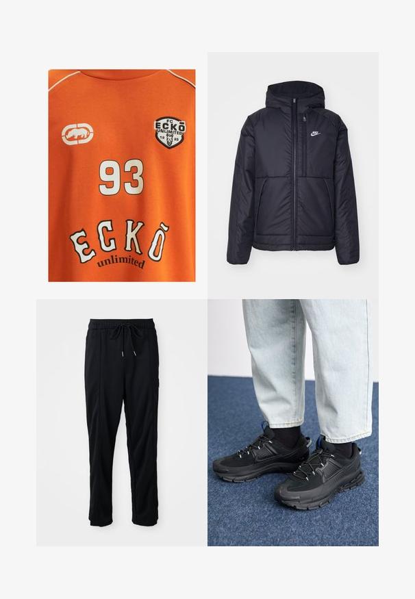 Juodas, paminkštintas Nike džemperis su priekyje užtrauktuku ir gobtuvu. Pasižymi balta logo kairėje krūtinės pusėje ir dviem priekinėmis kišenėmis. Su lygiu išoriniu paviršiumi.; Oranžinė medvilninė marškinė su baltu skaičiumi "93" ir "ECKŌ unlimited" juodai baltais rašmenimis. Taip pat yra logotipas su raganosiu.; Juodos laisvos kelnės su raišteliu liemens, šoninėmis kišenėmis ir tiesiu kirpimu ant vienodos fono.; Juodi sportiniai bateliai su tekstūruota medžiaga ir guminiais padais, su elastingomis raišteliais ir mėlynu akcentu ant kulno. Dėvimi su šviesiai mėlynomis džinsinėmis kelnėmis.
