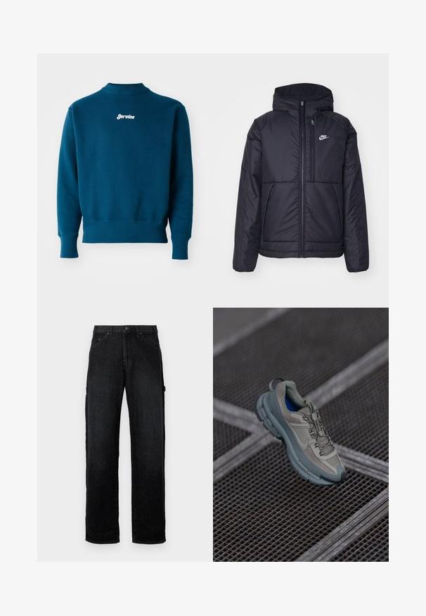 Černá zateplená bunda Nike s předním zipem a kapucí. Na levé straně hrudi má bílé logo a dvojité přední kapsy. Hladký povrch.; Tyrkysová mikina s ribbovanými manžetami a spodním lemem, s bílou výšivkou loga "Service" na horní části zad. Měkká textura a design s kulatým výstřihem.; Černé džínové kalhoty s rovnou nohavicí, vybavené předními kapsami, zapínáním na knoflík a bočními kapsami pro dodatečné uložení.; Béžová a šedá sportovní bota s texturovaným síťovinovým svrškem, zaoblenou špičkou a gumovou podrážkou, vybavená tkaničkami a polstrovaným límcem.