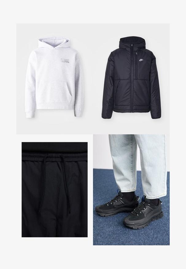 Casaco Nike preto, acolchoado, com fecho à frente e capuz. Apresenta um logo branco no lado esquerdo do peito e dois bolsos frontais. Textura exterior lisa.; Sweatshirt cinza feito de tecido macio, com um bolso tipo canguru, punhos canelados, capuz ajustável e um logótipo no peito.; Calções pretos com um cós elástico ajustável, fabricados em tecido leve com uma textura suave e um design simples, sem logótipos ou padrões visíveis.; Sapatilhas desportivas pretas com tecido texturizado e solas em borracha, apresentando atacadores elásticos e um detalhe azul no calcanhar. Usadas com calças de ganga claras.