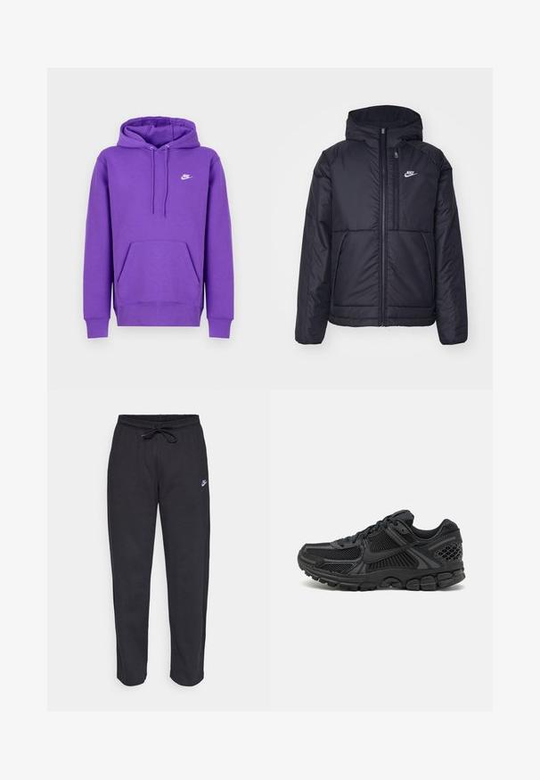 Casaco Nike preto, acolchoado, com fecho à frente e capuz. Apresenta um logo branco no lado esquerdo do peito e dois bolsos frontais. Textura exterior lisa.; Hoodie Nike roxo com um bolso frontal, capuz com cordão e logotipo branco no peito. Feito de material suave de moletom.; Calças de treino pretas feitas de tecido suave, com faixa elástica na cintura, cordão regulador e um pequeno logótipo da Nike na coxa esquerda.; Sapatilha atlética preta com parte superior em malha, sola de borracha e toques texturizados. O design inclui um sistema de atacadores pronunciado e sola almofadada.