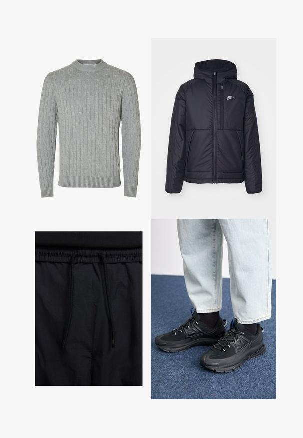 Black, padded Nike jacket with a front zipper and hood. Features a white logo on the left chest and dual front pockets. Smooth exterior texture.; Gray cable-knit sweater with a round neckline, ribbed cuffs, and waistband. The texture features raised patterns throughout the fabric.; Black shorts featuring a drawstring waistband, lightweight fabric with a smooth texture, and a simple design without visible logos or patterns.; Black athletic shoes with textured fabric and rubber soles, featuring elastic laces and a blue accent on the heel. Worn with light denim pants.