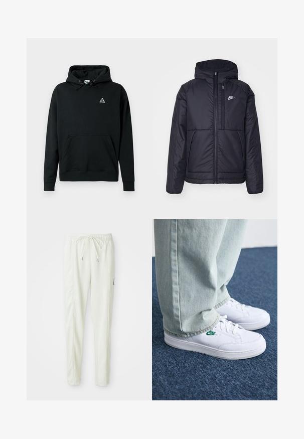 Casaco Nike preto, acolchoado, com fecho à frente e capuz. Apresenta um logo branco no lado esquerdo do peito e dois bolsos frontais. Textura exterior lisa.; Sweatshirt preto feito de um material suave, com um bolso frontal, cordões ajustáveis e um pequeno logótipo branco no peito.; Calças jogger slim-fit brancas com cintura elástica e cordão, apresentando detalhes nas costuras laterais e um pequeno patch preto na perna direita.; Tênis de couro brancos com logo verde da Nike, bico redondo, sola plana, combinados com calças de denim azul claro, exibidos sobre um tapete azul.