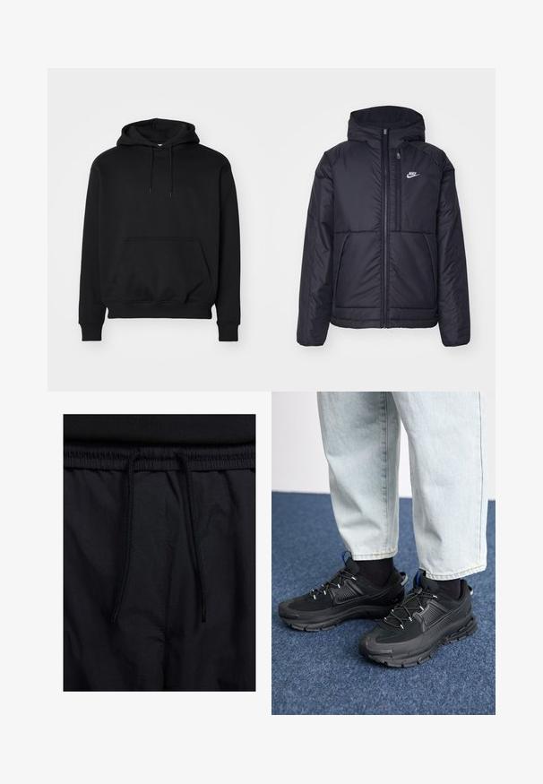 Schwarze, gepolsterte Nike-Jacke mit Frontreißverschluss und Kapuze. Hat ein weißes Logo auf der linken Brust und zwei Fronttaschen. Glattes äußeres Material.; Schwarzer Pullover-Hoodie aus weichem Baumwollmix, mit einer Kängurutasche, verstellbare Kapuze, gerippten Bündchen und einem lässigen Schnitt.; Schwarze Shorts mit einem Kordelzugbund, leichtem Stoff mit glatter Textur und einem schlichten Design ohne sichtbare Logos oder Muster.; Schwarze Sportschuhe aus strukturiertem Stoff mit Gummisohlen, ausgestattet mit elastischen Schnürsenkeln und einem blauen Akzent an der Ferse. Getragen mit hellen Jeans.