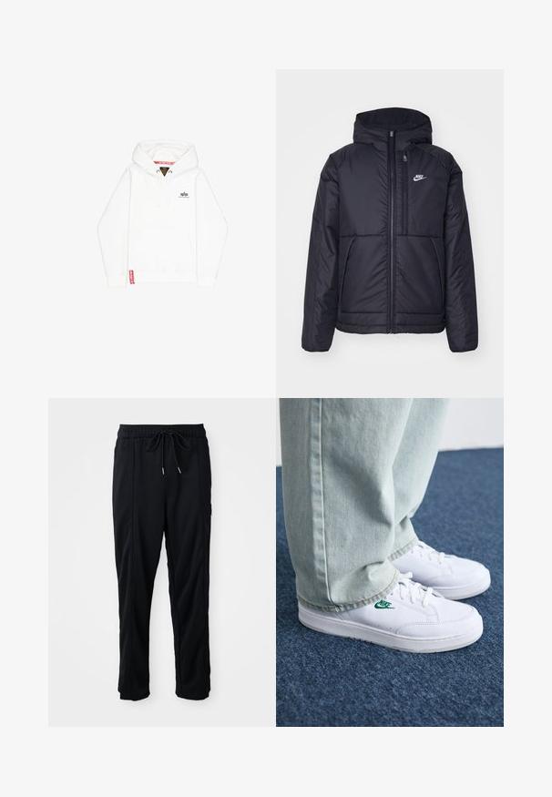 Must musta Nike jope, millel on ees lukuga avamine ja kapuuts. Vasakpoolne rind on kaunistatud valge logoga ning ees on kaks taskut. Sile välimine tekstuur.; Valge kapuutsiga sweatshird, millel on ees tasku, stardi vöö, ja väike must logo rinnal. Omab punast silt ääres.; Mustad nööridega vööga igapäevased mustad püksid, külgseamipocketid ja sirge sääre lõikega, ühtlasel taustal.; Valged nahast tennisetossud rohelise Nike logo ja ümarate varvastega, lamedate taldadega, koos helesiniste teksapükstega, esitatud sinisel vaibal.