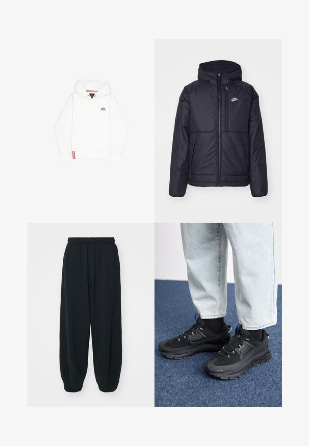 Svart, vadderad Nike-jacka med dragkedja framtill och huva. Har en vit logotyp på vänster bröst och dubbla framfickor. Slät yttextur.; Vit huvtröja med framficka, snöre för stängning och en liten svart logotyp på bröstet. Har en röd etikett på fållen.; Svarta, elastiska sweatpants med lös passform, mudd vid anklarna, slät textur och utan synliga mönster eller detaljer i metall.; Svarta sportskor med texturerat tyg och gummisulor, med elastiska snörningar och en blå detalj på hälen. Bärs med ljusa jeans.