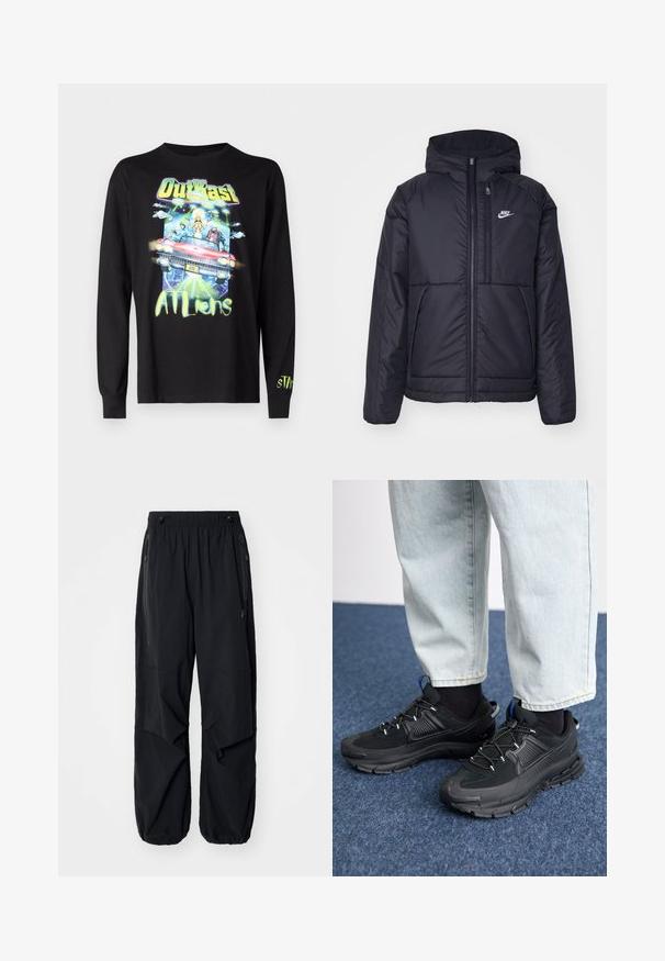 Svart, polstret Nike-jakke med frontglidelås og hette. Har en hvit logo på venstre bryst og doble frontlommer. Glatt ytterside.; Svart langermet t-skjorte med fargerik grafikk av en bil, romvesener og teksten "OutKast ATLliens" i livlige farger. Mykt materiale.; Sorte lettvekts cargo-bukser i svart med elastisk midje, sidelommer med glidelås og romslige lommer. Har en løs passform og innsnørede mansjetter.; Svarte sportssko med teksturert stoff og gummisåler, med elastiske lisser og en blå detalj på hælen. Brukt med lyse denimbukser.