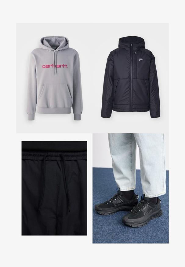 Giacca Nike nera, imbottita, con zip frontale e cappuccio. Presenta un logo bianco sul lato sinistro del petto e doppie tasche frontali. Texture esterna liscia.; Felpa grigia con cappuccio, caratterizzata da una tasca frontale e dal logo "carhartt" ricamato in rosa. Realizzata in materiale morbido con polsini e orlo a costine.; Shorts neri con vita regolabile tramite coulisse, tessuto leggero con una texture liscia e un design semplice senza loghi o motivi visibili.; Scarpe sportive nere con tessuto testurizzato e suole in gomma, dotate di lacci elastici e un accento blu sul tallone. Indossate con pantaloni in denim chiaro.