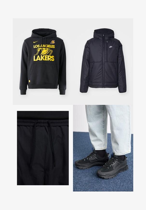 Casaco Nike preto, acolchoado, com fecho à frente e capuz. Apresenta um logo branco no lado esquerdo do peito e dois bolsos frontais. Textura exterior lisa.; Sweatshirt preto com capuz, apresentando o texto e o logotipo amarelo "LOS ANGELES LAKERS". Inclui um bolso frontal e punhos canelados.; Calções pretos com um cós elástico ajustável, fabricados em tecido leve com uma textura suave e um design simples, sem logótipos ou padrões visíveis.; Sapatilhas desportivas pretas com tecido texturizado e solas em borracha, apresentando atacadores elásticos e um detalhe azul no calcanhar. Usadas com calças de ganga claras.