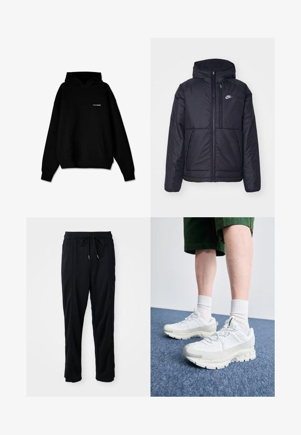 Jachetă Nike neagră, căptușită, cu fermoar pe față și glugă. Prezintă un logo alb pe pieptul stâng și două buzunare frontale. Textură exterioară netedă.; Hanorac negru cu glugă, având buzunar frontal și un mic logo alb "PEGADOR" pe piept, expus pe un fond alb.; Pantaloni casual negri cu șnur la talie, cu buzunare laterale și croială dreaptă, pe un fundal simplu.; Pantofi sport albi cu suprapuneri texturate, talpă masivă și accente gri. Purtați cu șosete albe până la glezne și pantaloni scurți verzi pe o suprafață albastră.