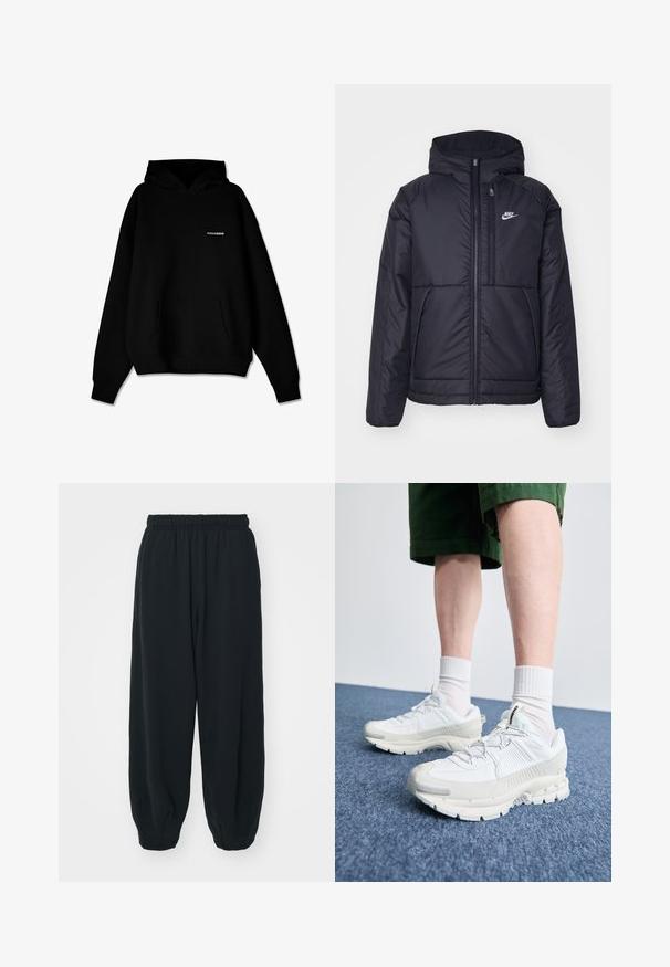 Jachetă Nike neagră, căptușită, cu fermoar pe față și glugă. Prezintă un logo alb pe pieptul stâng și două buzunare frontale. Textură exterioară netedă.; Hanorac negru cu glugă, având buzunar frontal și un mic logo alb "PEGADOR" pe piept, expus pe un fond alb.; Pantaloni de trening negri, cu talie elastică, cu o croială lejeră, la baza pantaloni fiind strânși, având o textură netedă și fără modele sau accente metalice vizibile.; Pantofi sport albi cu suprapuneri texturate, talpă masivă și accente gri. Purtați cu șosete albe până la glezne și pantaloni scurți verzi pe o suprafață albastră.