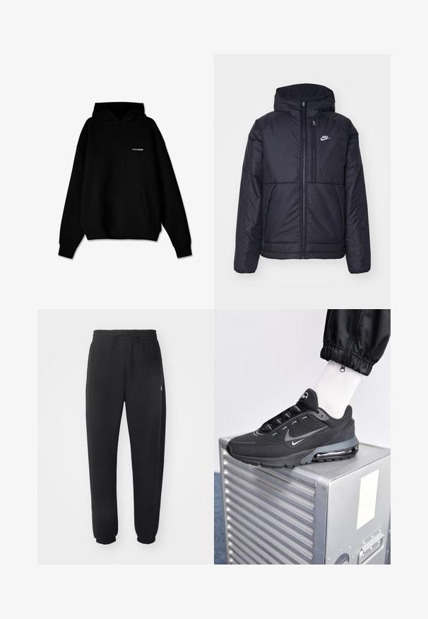 Giacca Nike nera, imbottita, con zip frontale e cappuccio. Presenta un logo bianco sul lato sinistro del petto e doppie tasche frontali. Texture esterna liscia.; Felpa nera con cappuccio, dotata di tasca frontale e piccolo logo bianco "PEGADOR" sul petto, esposta su sfondo bianco.; Pantaloni della tuta neri realizzati in materiale morbido con vita elastica, coulisse e polsini aderenti, caratterizzati da un logo sottile sul lato.; Nike Sportswear PULSE - Sneakers basse - black/anthracite