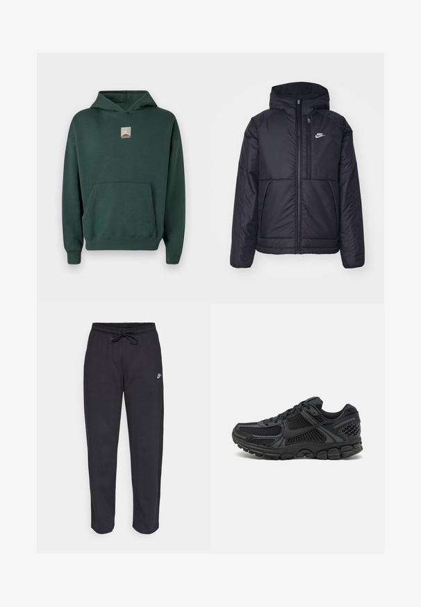 Casaco Nike preto, acolchoado, com fecho à frente e capuz. Apresenta um logo branco no lado esquerdo do peito e dois bolsos frontais. Textura exterior lisa.; Hoodie de algodão verde com um bolso frontal, mangas longas e um logótipo gráfico no peito. Apresenta um capuz com cordão e punhos com nervuras.; Calças de treino pretas feitas de tecido suave, com faixa elástica na cintura, cordão regulador e um pequeno logótipo da Nike na coxa esquerda.; Sapatilha atlética preta com parte superior em malha, sola de borracha e toques texturizados. O design inclui um sistema de atacadores pronunciado e sola almofadada.