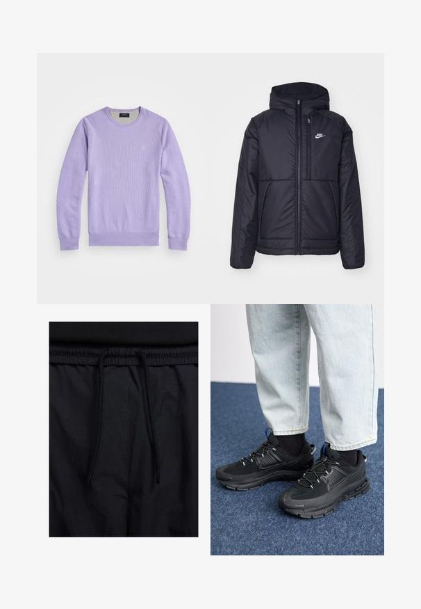 Black, padded Nike jacket with a front zipper and hood. Features a white logo on the left chest and dual front pockets. Smooth exterior texture.; Lilac knit sweater with a classic crew neckline, ribbed cuffs, and hem. Features a small logo on the chest and a textured weave.; Black shorts featuring a drawstring waistband, lightweight fabric with a smooth texture, and a simple design without visible logos or patterns.; Black athletic shoes with textured fabric and rubber soles, featuring elastic laces and a blue accent on the heel. Worn with light denim pants.