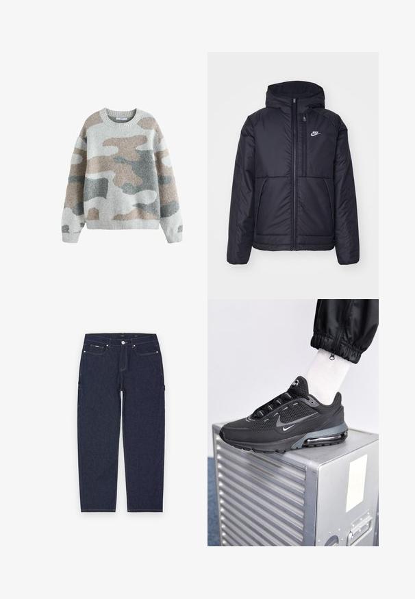 Zwarte, gewatteerde Nike-jas met een voorkant met ritssluiting en capuchon. Kenmerkt zich door een wit logo op de linkerborst en dubbele frontzakken. Gladde buitenkant.; Grijze trui met een camouflagepatroon in tinten beige, lichtgrijs en donkergrijs. Heeft een ronde halslijn en ribgebreide manchetten. Zachte textuur.; Donkerblauwe denim cargobroek met een rechte snit, voorzien van opvallende gele stiksels, voor- en zijzakken en een metalen knoopsluiting.; Nike Sportswear PULSE - Sneakers laag - black/anthracite