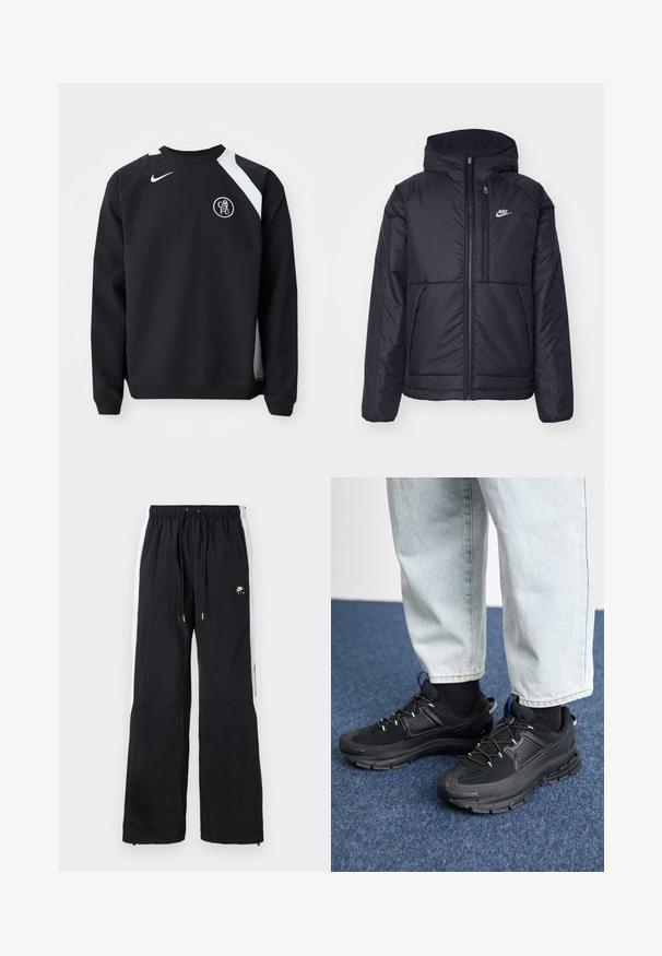 Black, padded Nike jacket with a front zipper and hood. Features a white logo on the left chest and dual front pockets. Smooth exterior texture.; Black sweatshirt with white accents, round neckline, long sleeves, and ribbed cuffs. Features Nike logo and circular Chelsea FC emblem.; Black sports pants with elastic waistband, white side stripes, zippered cuffs, and a rubberized logo detail on the front.; Black athletic shoes with textured fabric and rubber soles, featuring elastic laces and a blue accent on the heel. Worn with light denim pants.