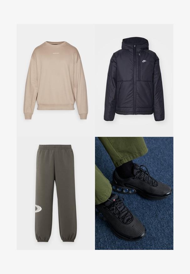 Svart, polstret Nike-jakke med frontglidelås og hette. Har en hvit logo på venstre bryst og doble frontlommer. Glatt ytterside.; Beige genser med rund hals og senkede skuldre, ribbestrikkede mansjetter og hem. Har et lite hvitt logo sentrert på brystet. Myk tekstur av stoffet.; Mørk olivengrønne joggebukser med elastisk midje, sidelommer, en innsnevret passform og en hvit taggete logodetalj på venstre ben.; Svarte treningssko med mesh-overdel, teksturert overflate og synlige luftputepoder. Parret med olivengrønne bukser og svarte sokker.