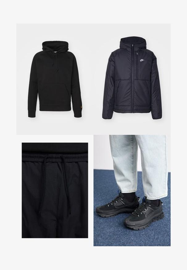 Giacca Nike nera, imbottita, con zip frontale e cappuccio. Presenta un logo bianco sul lato sinistro del petto e doppie tasche frontali. Texture esterna liscia.; Felpa nera in tessuto morbido, con tasca a marsupio anteriore, cordino regolabile e polsini a costine. Texture liscia con dettagli minimi.; Shorts neri con vita regolabile tramite coulisse, tessuto leggero con una texture liscia e un design semplice senza loghi o motivi visibili.; Scarpe sportive nere con tessuto testurizzato e suole in gomma, dotate di lacci elastici e un accento blu sul tallone. Indossate con pantaloni in denim chiaro.
