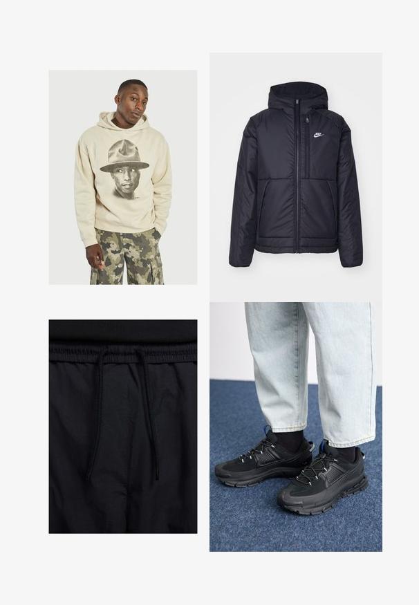 Schwarze, gepolsterte Nike-Jacke mit Frontreißverschluss und Kapuze. Hat ein weißes Logo auf der linken Brust und zwei Fronttaschen. Glattes äußeres Material.; Beige Kapuzenpullover mit einem großen schwarz-weißem Grafikdesign einer Person mit Hut. Aus Baumwollmaterial mit weicher Textur. Lockerer Schnitt und Kängurutasche.; Schwarze Shorts mit einem Kordelzugbund, leichtem Stoff mit glatter Textur und einem schlichten Design ohne sichtbare Logos oder Muster.; Schwarze Sportschuhe aus strukturiertem Stoff mit Gummisohlen, ausgestattet mit elastischen Schnürsenkeln und einem blauen Akzent an der Ferse. Getragen mit hellen Jeans.